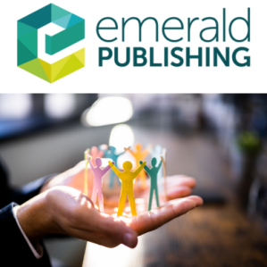 Emerald Publishing logo and a hand holding a group of paper cut out people illustrating the idea of leadership