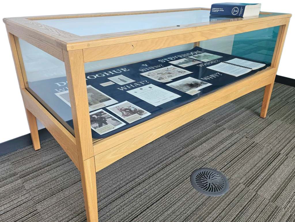 Donoghue v. Stevenson court case in glass display case in Reading Room.