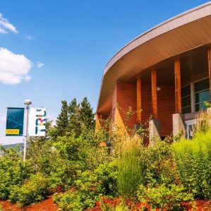 TRU Williams Lake Campus entrance with greenery