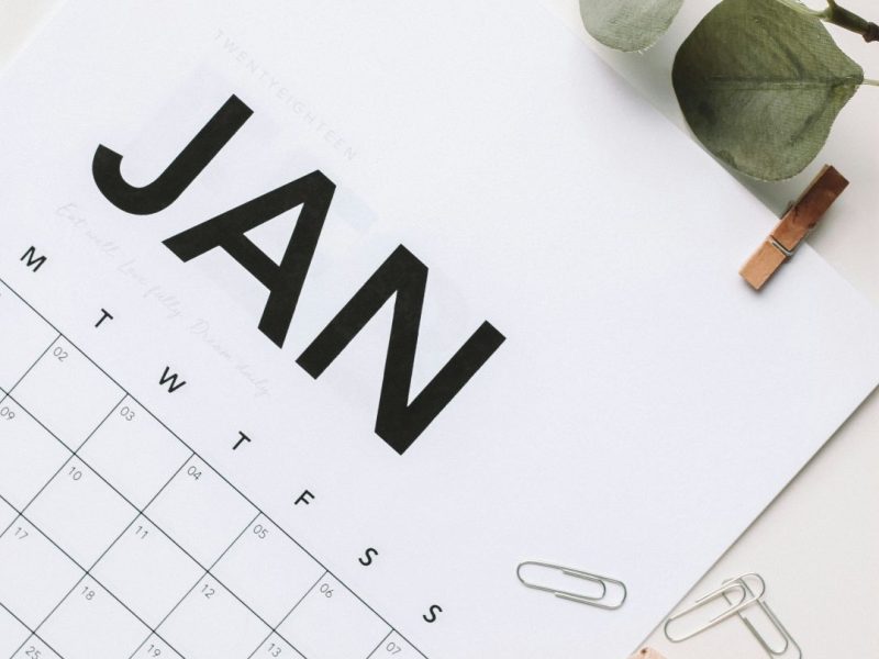 blank calendar flipped to January with paper clips in the bottom corner.