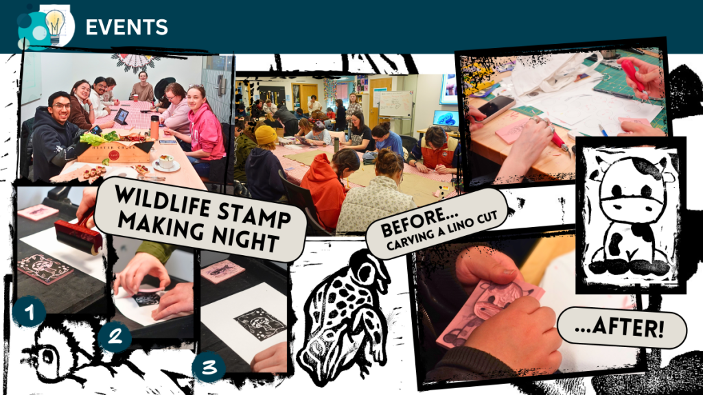 A collage of photos depicting the student wildlife club stamp-making event. Two group shots, one of the linocuts, and a few of the resulting stamps.